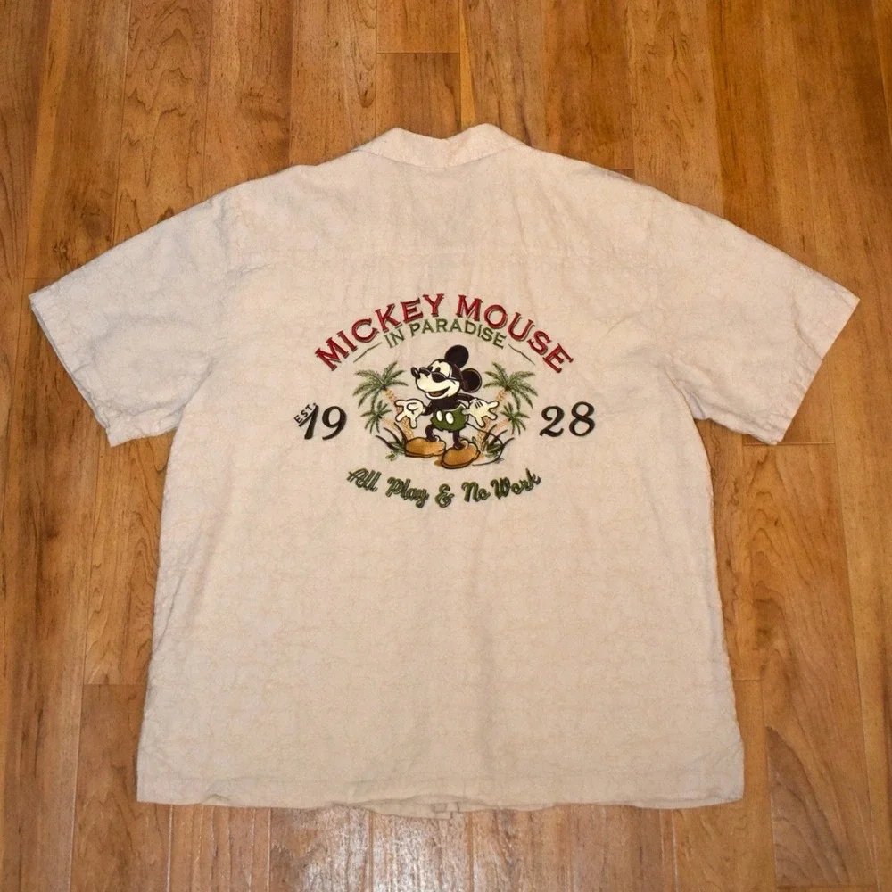 Disney Parks Mickey Mouse In Paradise Mens XL Tan Floral Jacquard Camp Shirt Exc